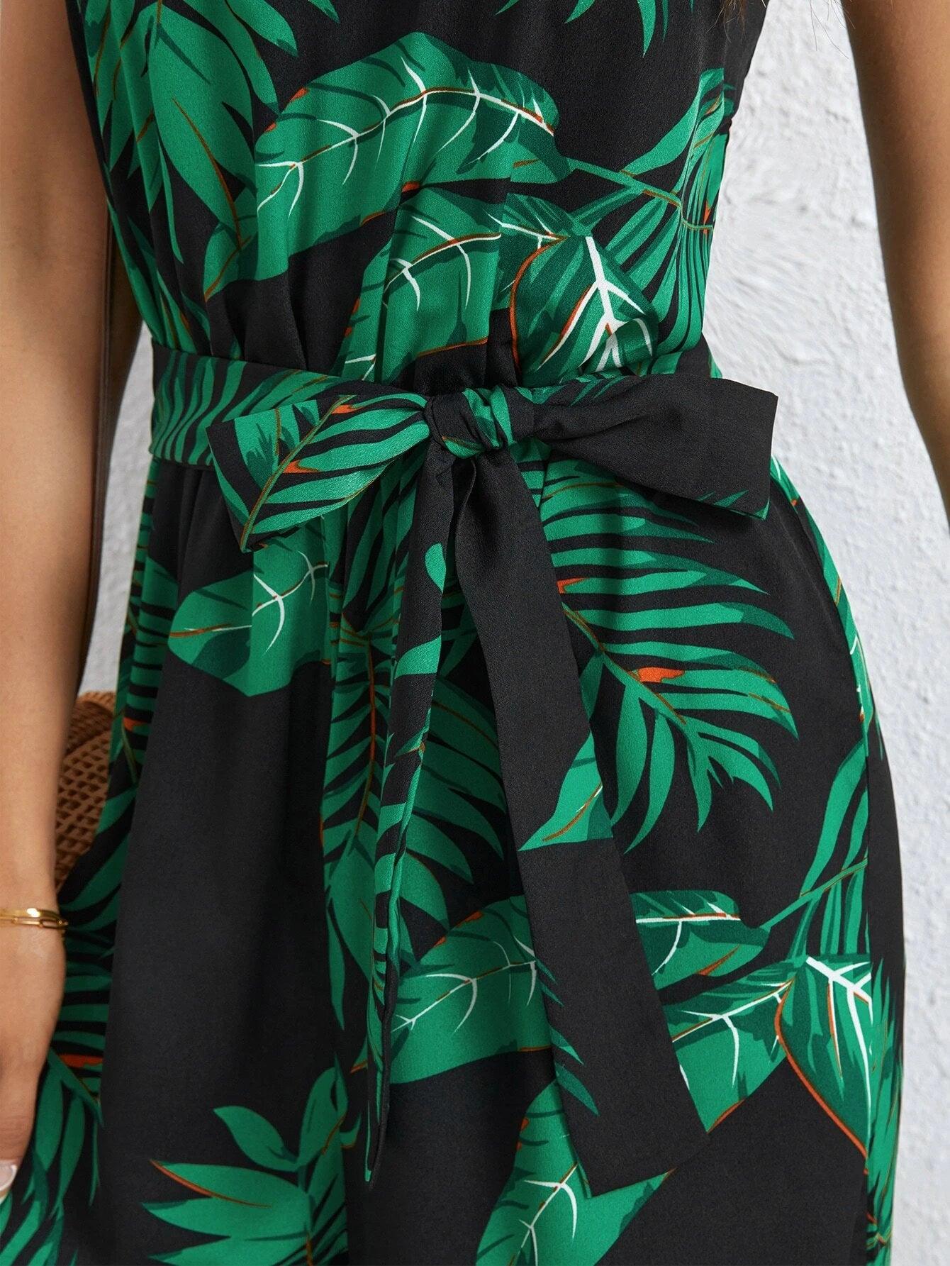 Long Tropical Print Belted Jumpsuit-Comfy Jumpsuits