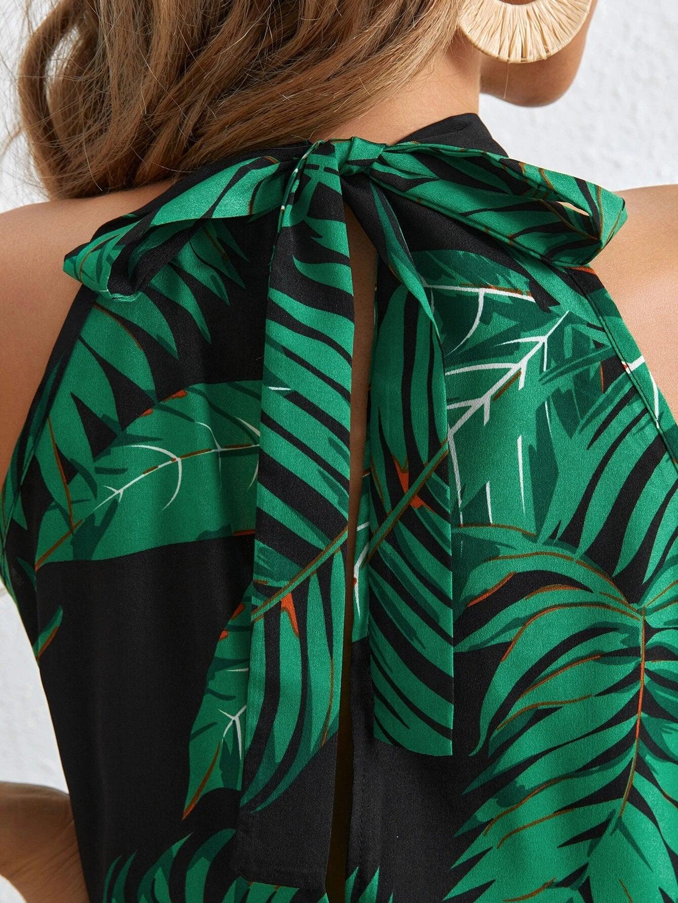 Long Tropical Print Belted Jumpsuit-Comfy Jumpsuits