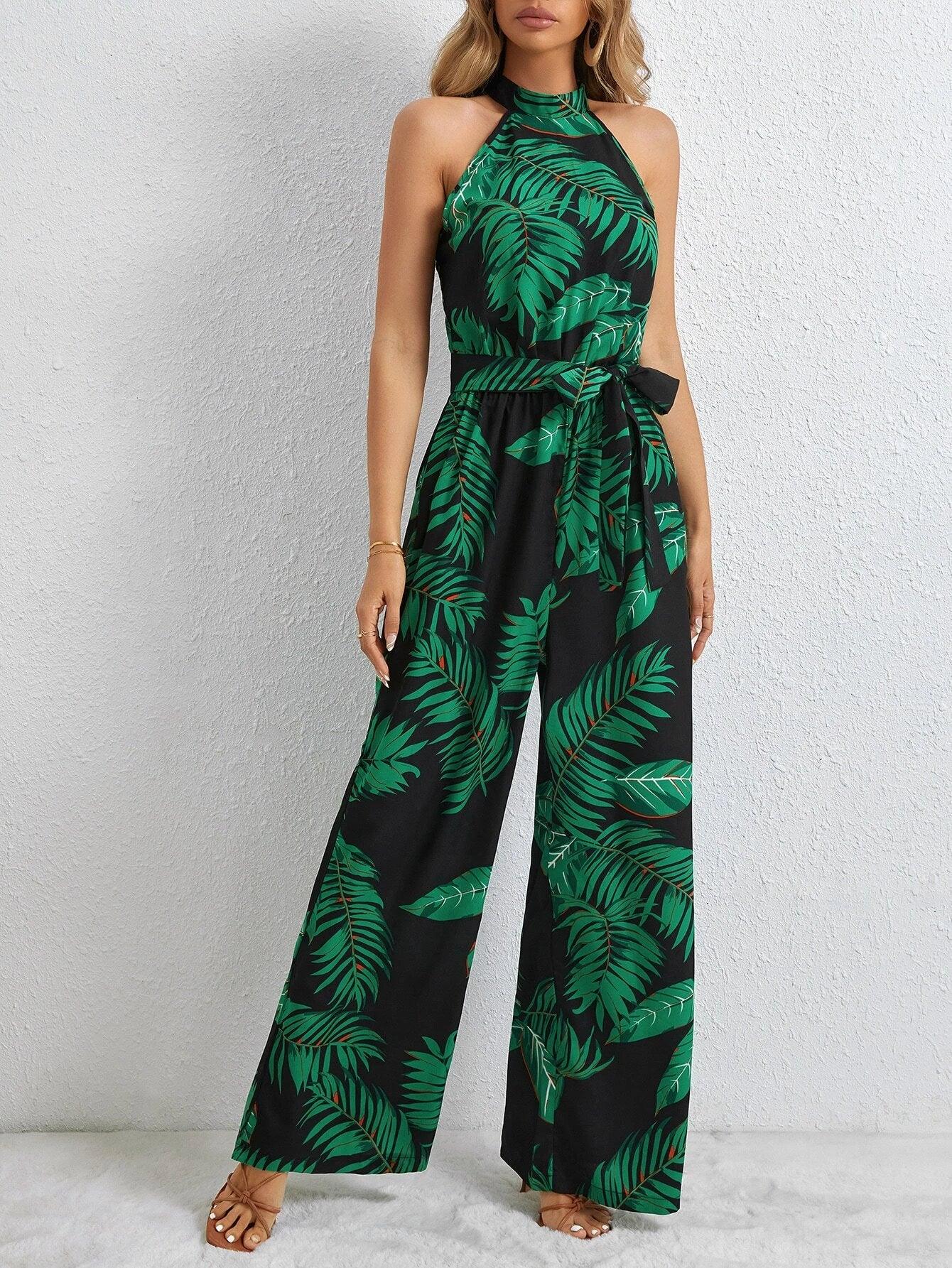Long Tropical Print Belted Jumpsuit-Comfy Jumpsuits