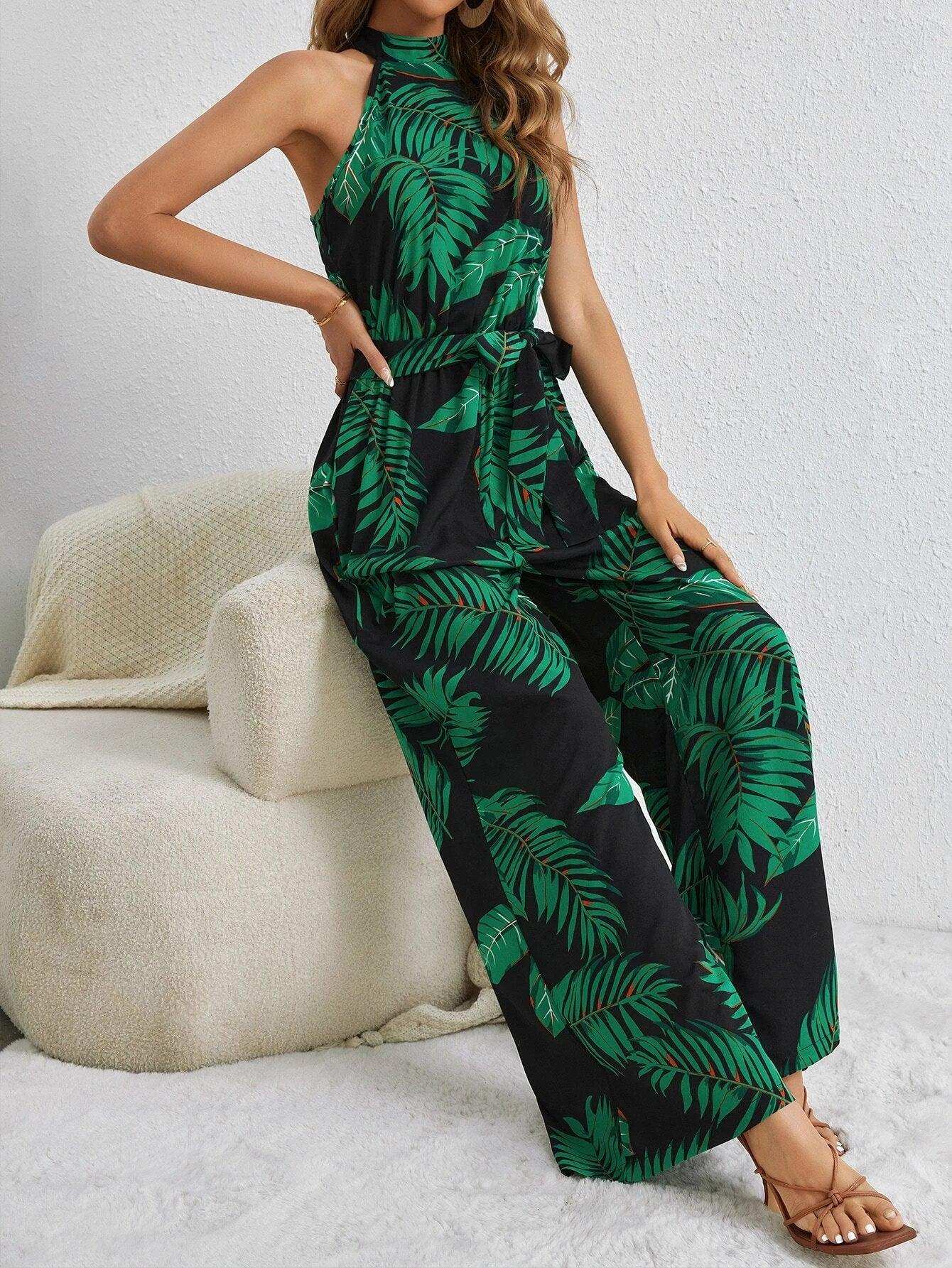 Long Tropical Print Belted Jumpsuit-Comfy Jumpsuits