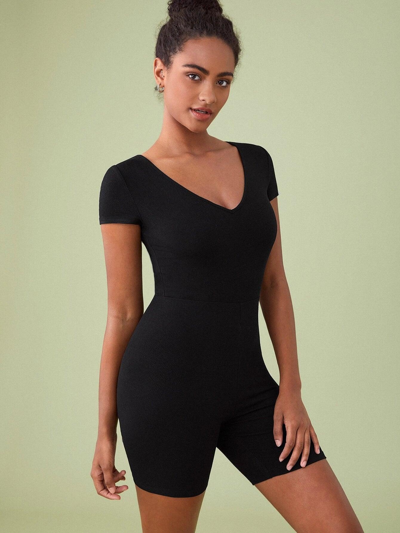 Cotton Solid V Neck Unitard Romper-Comfy Jumpsuits