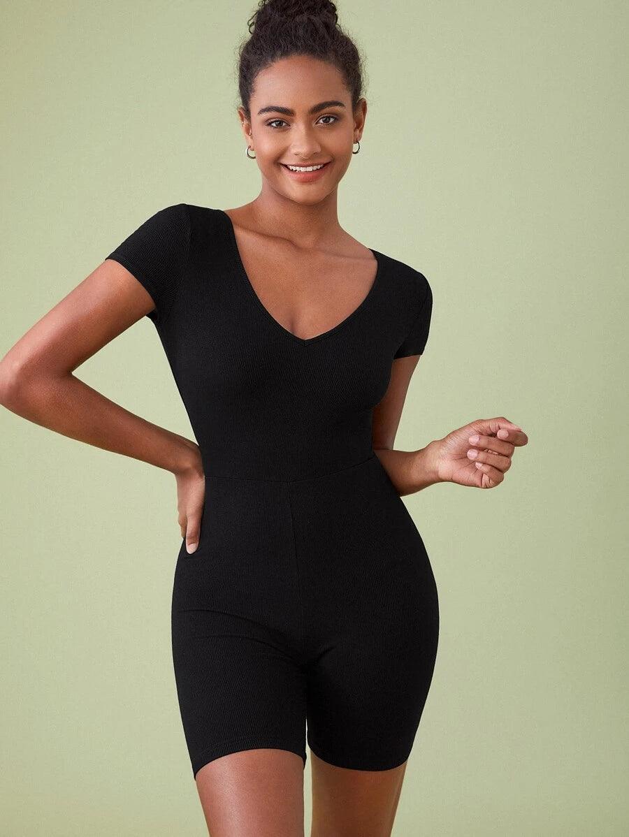 Cotton Solid V Neck Unitard Romper-Comfy Jumpsuits