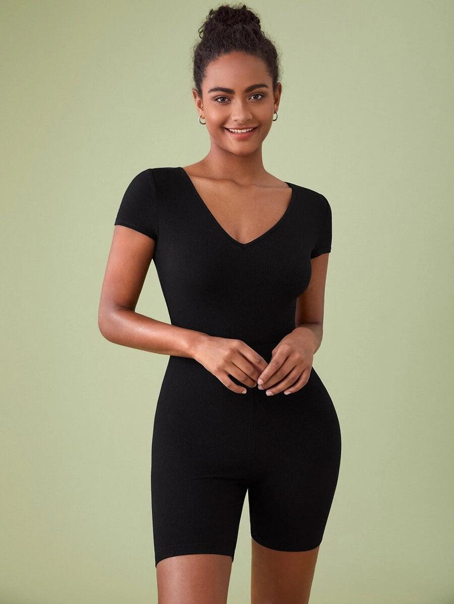 Cotton Solid V Neck Unitard Romper-Comfy Jumpsuits