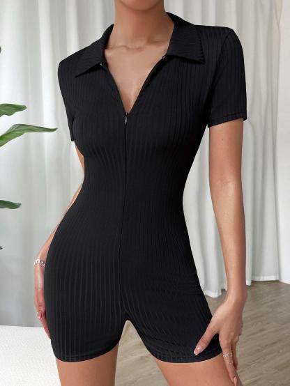 Half Zip Ribbed Knit Unitard Romper-Comfy Jumpsuits
