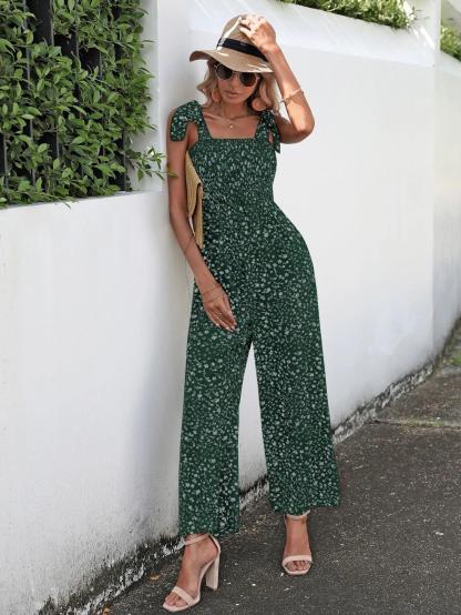 Floral Print Tie Shoulder Cami Jumpsuit-Comfy Jumpsuits