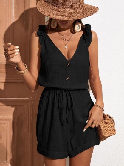 Button Front Knot Shoulder Romper-Comfy Jumpsuits