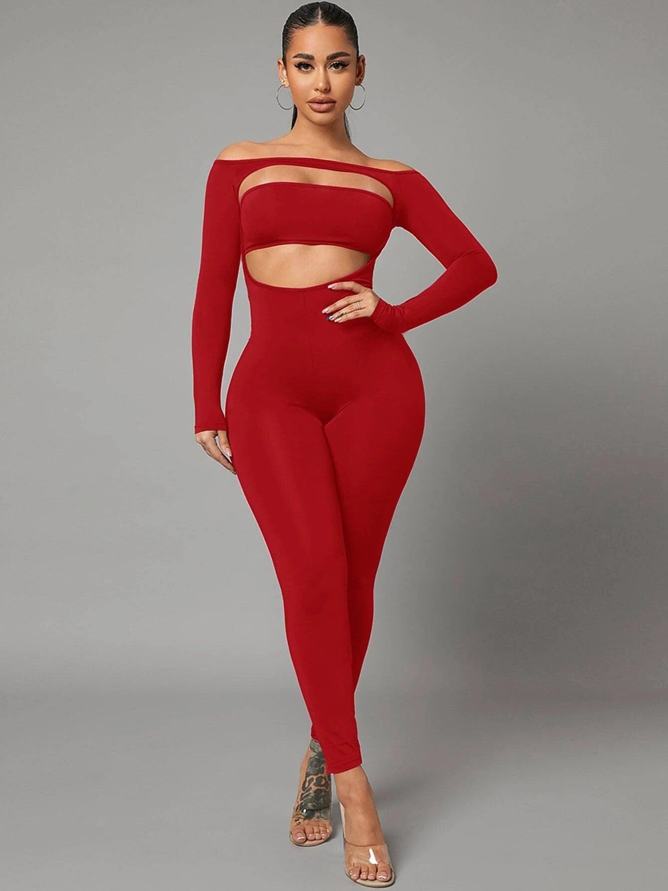Off Shoulder Cut Out Front Unitard Jumpsuit-Comfy Jumpsuits