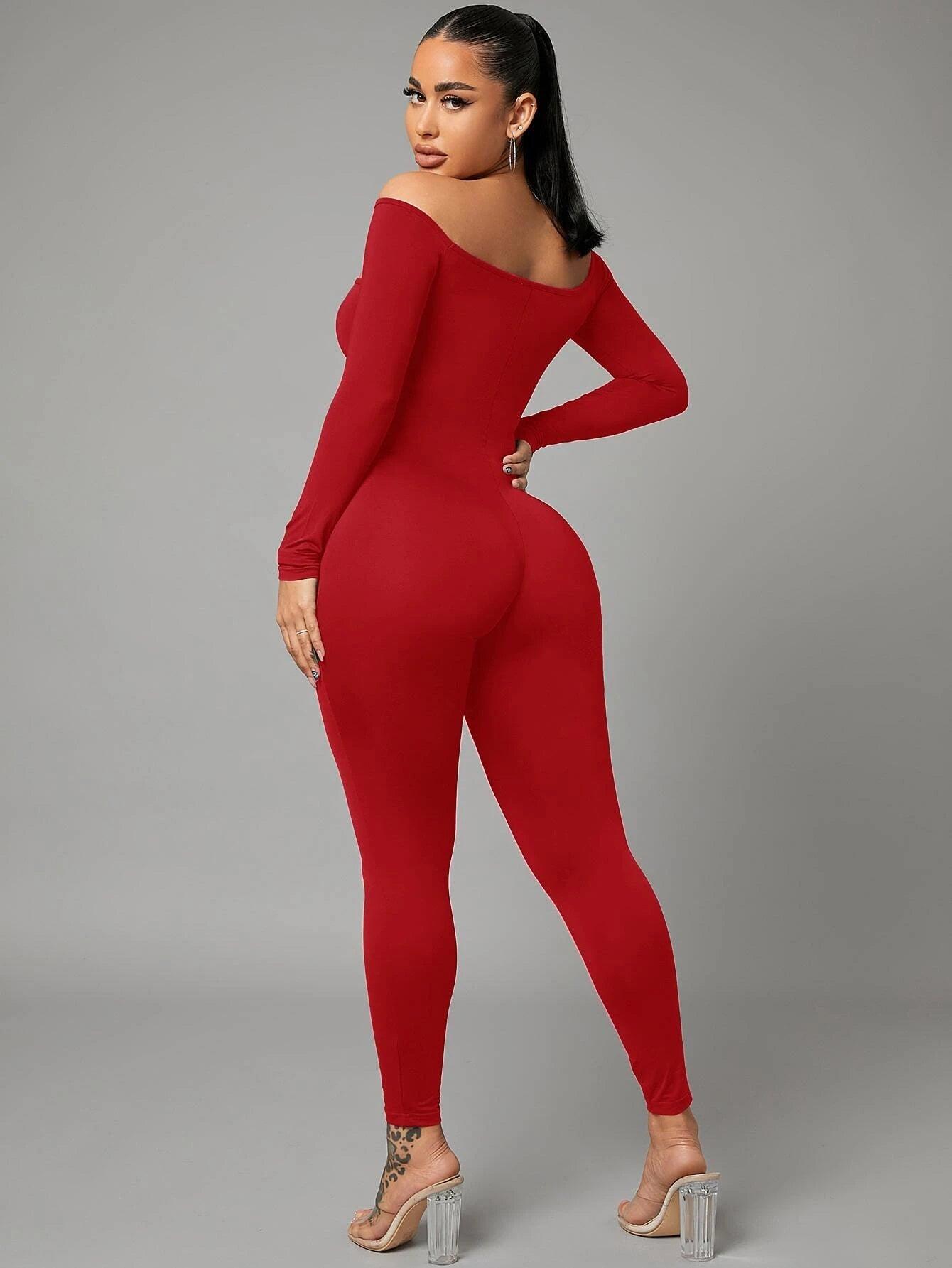 Off Shoulder Cut Out Front Unitard Jumpsuit-Comfy Jumpsuits