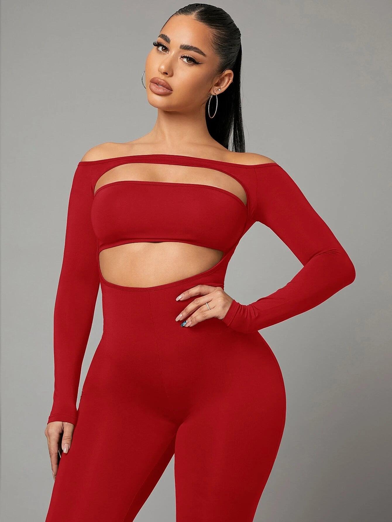 Off Shoulder Cut Out Front Unitard Jumpsuit-Comfy Jumpsuits