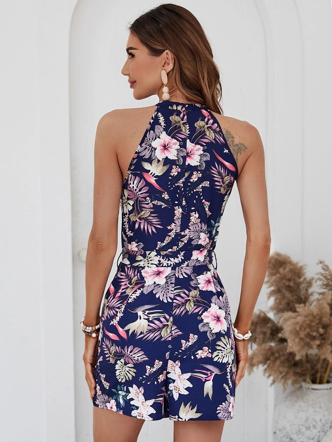 Printed Slant Pocket Belted Halter Romper-Comfy Jumpsuits
