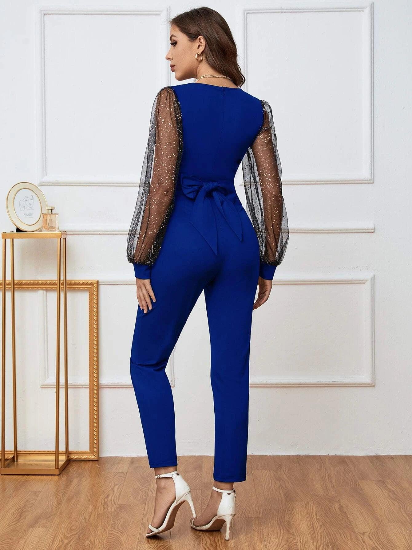 Mesh Lantern Sleeve Jumpsuit-Comfy Jumpsuits