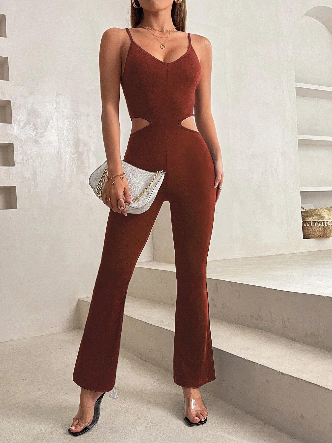 Cut Out Waist Flare Leg Cami Jumpsuit-Comfy Jumpsuits