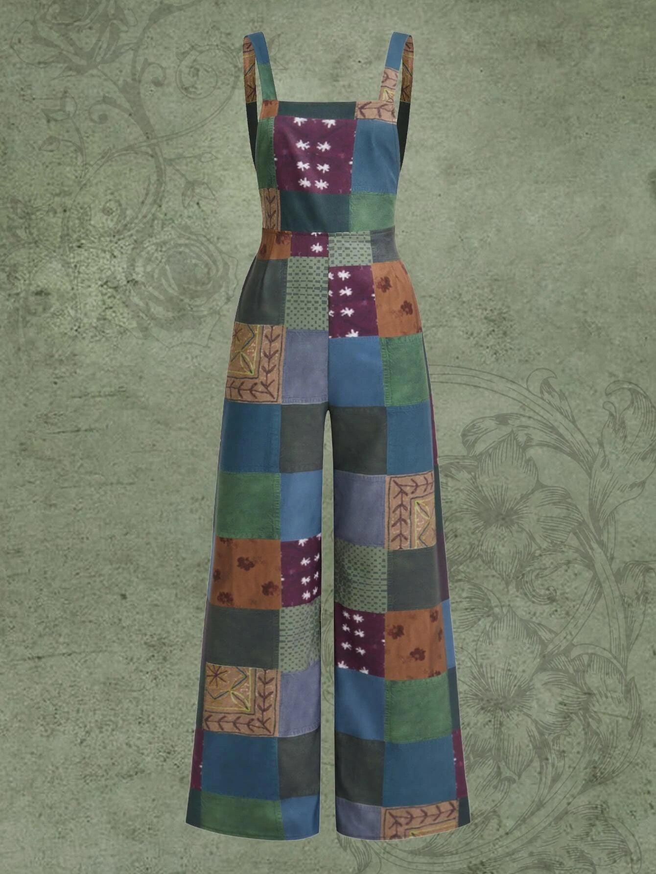 Patchwork Print Long Jumpsuit-Comfy Jumpsuits
