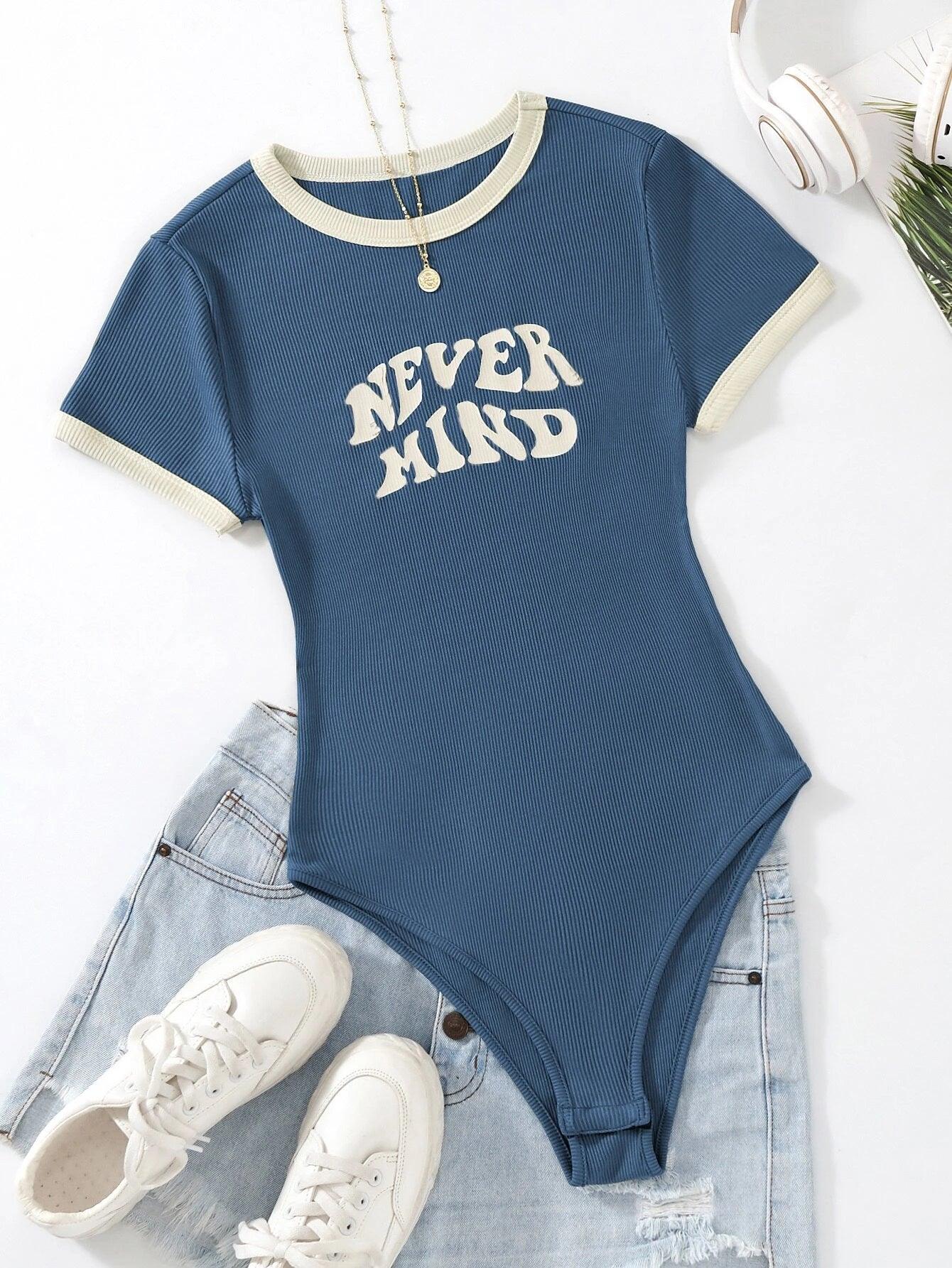 Slogan Graphic Contrast Trim Bodysuit-Comfy Jumpsuits