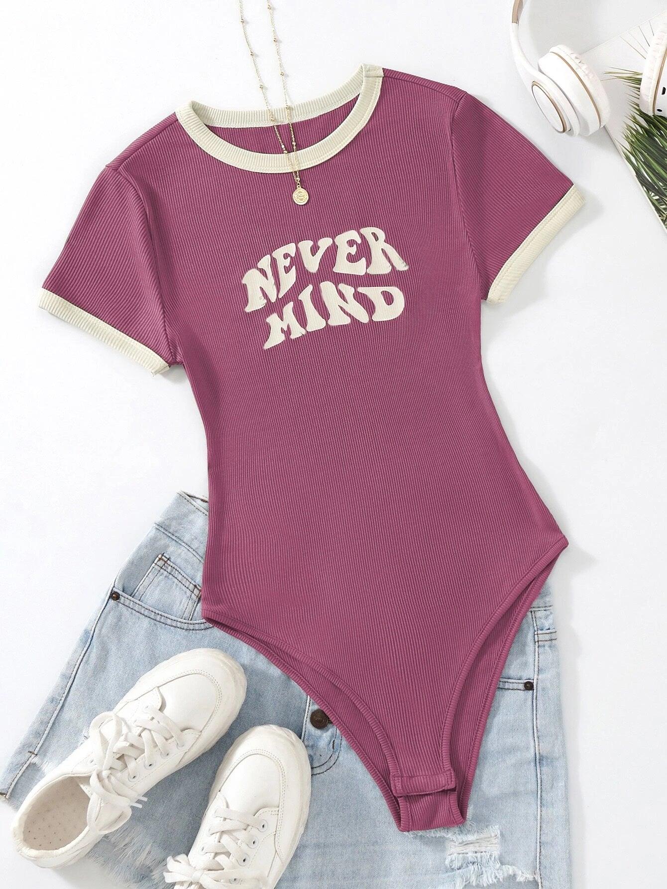 Slogan Graphic Contrast Trim Bodysuit-Comfy Jumpsuits