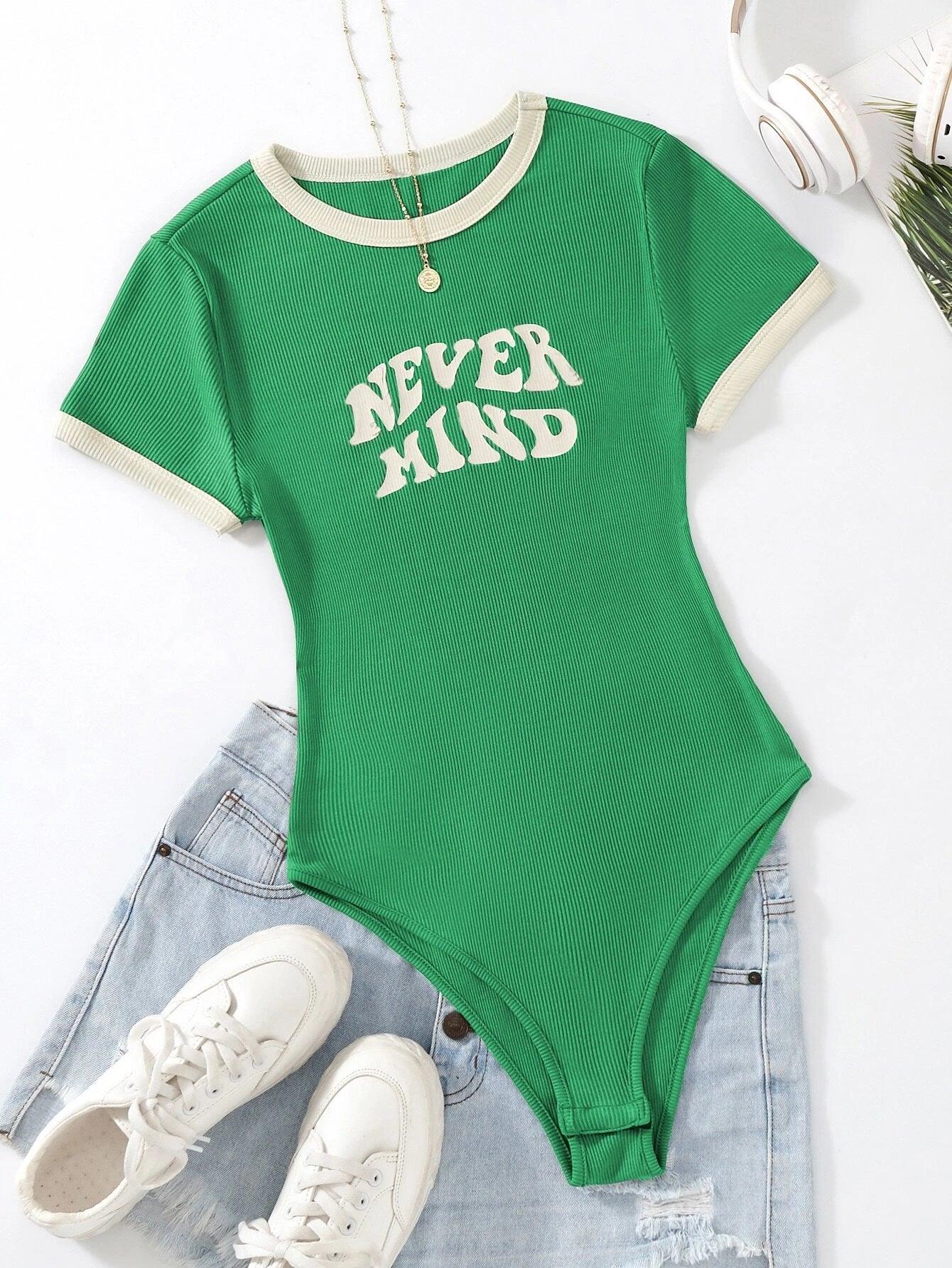 Slogan Graphic Contrast Trim Bodysuit-Comfy Jumpsuits