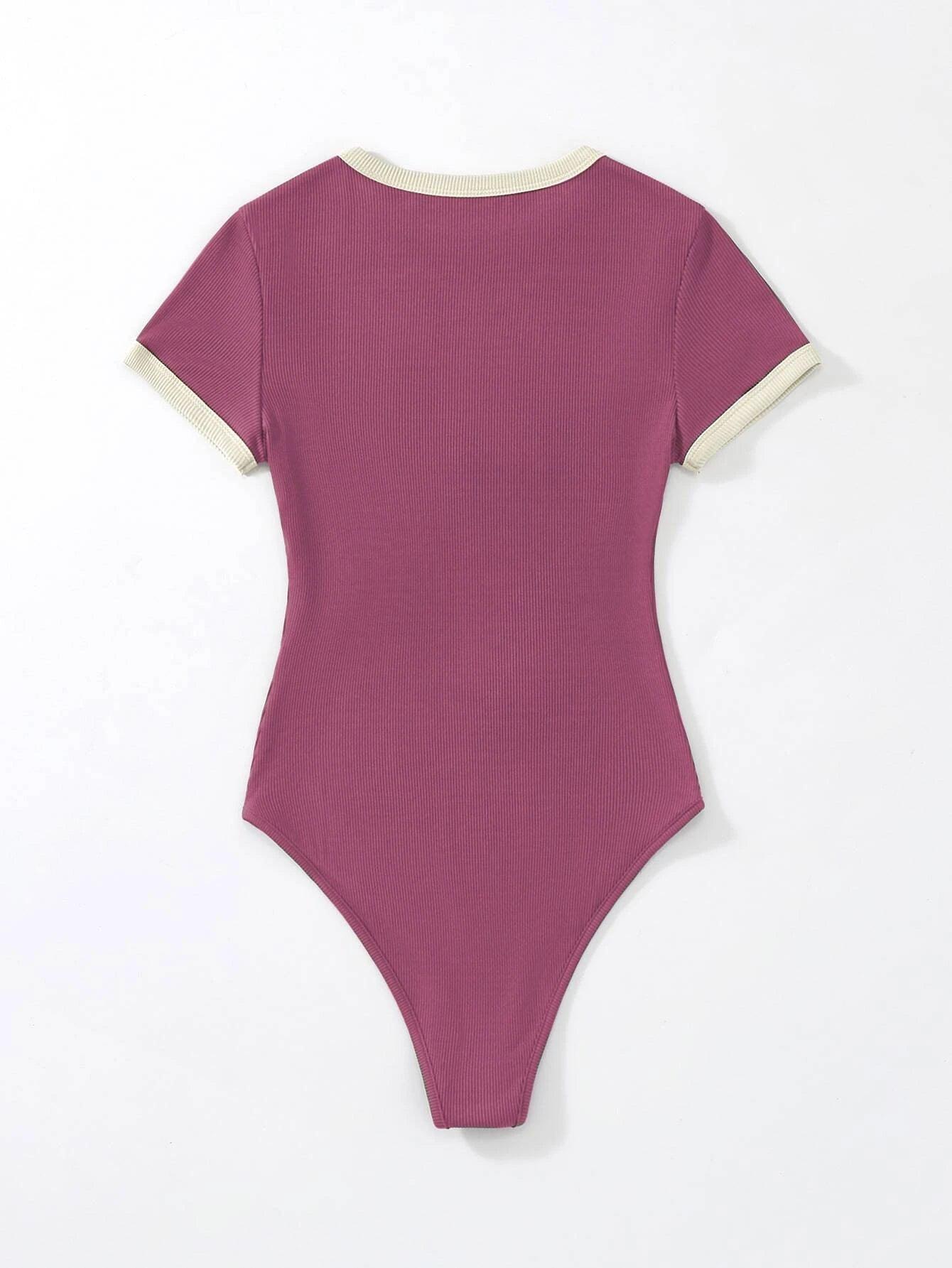 Slogan Graphic Contrast Trim Bodysuit-Comfy Jumpsuits