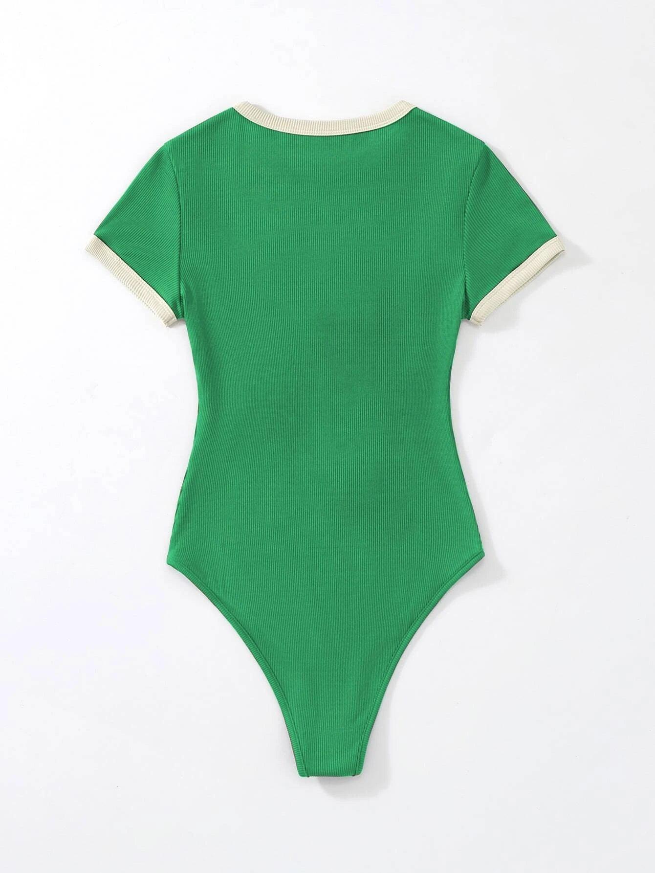 Slogan Graphic Contrast Trim Bodysuit-Comfy Jumpsuits