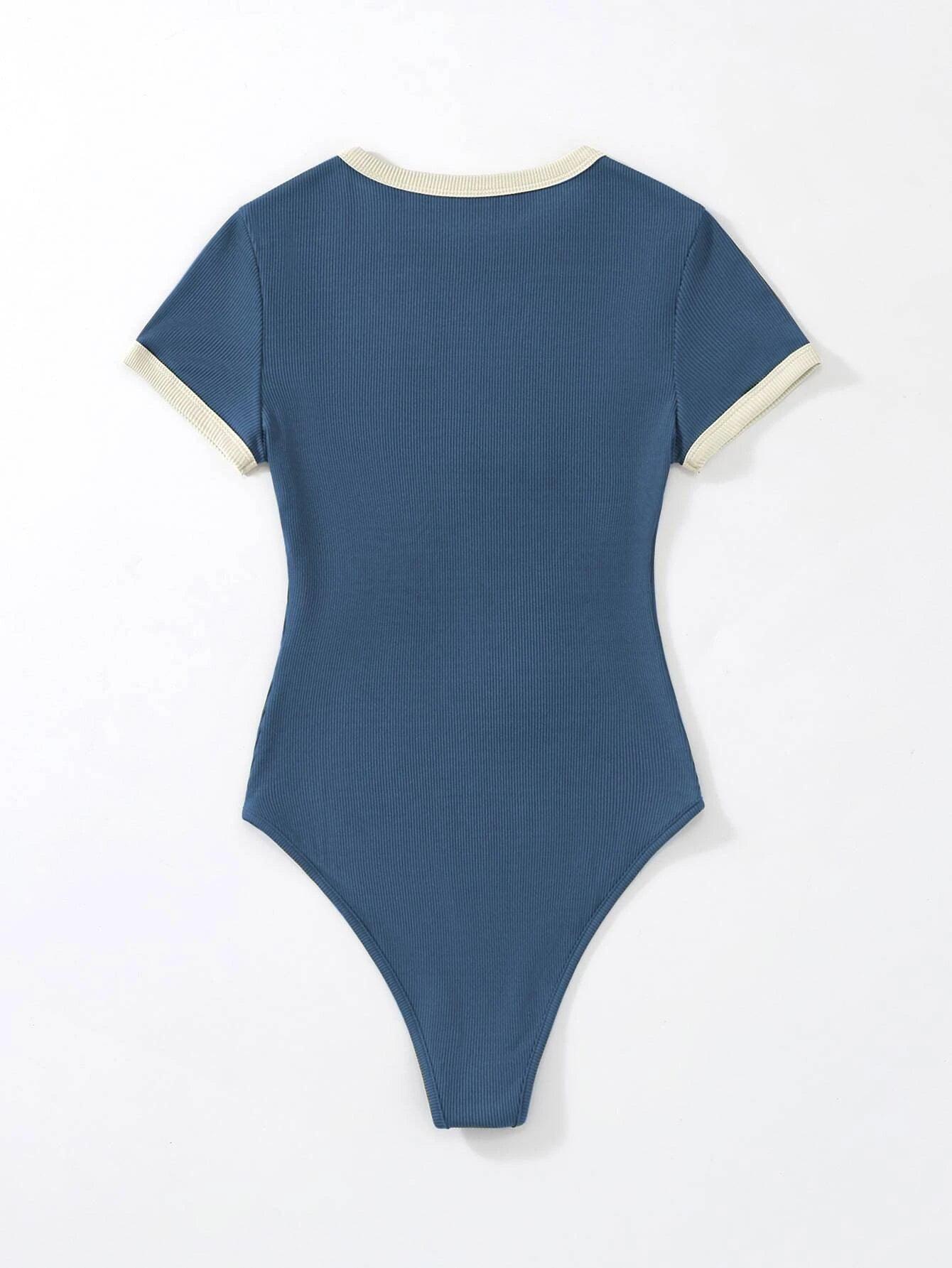 Slogan Graphic Contrast Trim Bodysuit-Comfy Jumpsuits