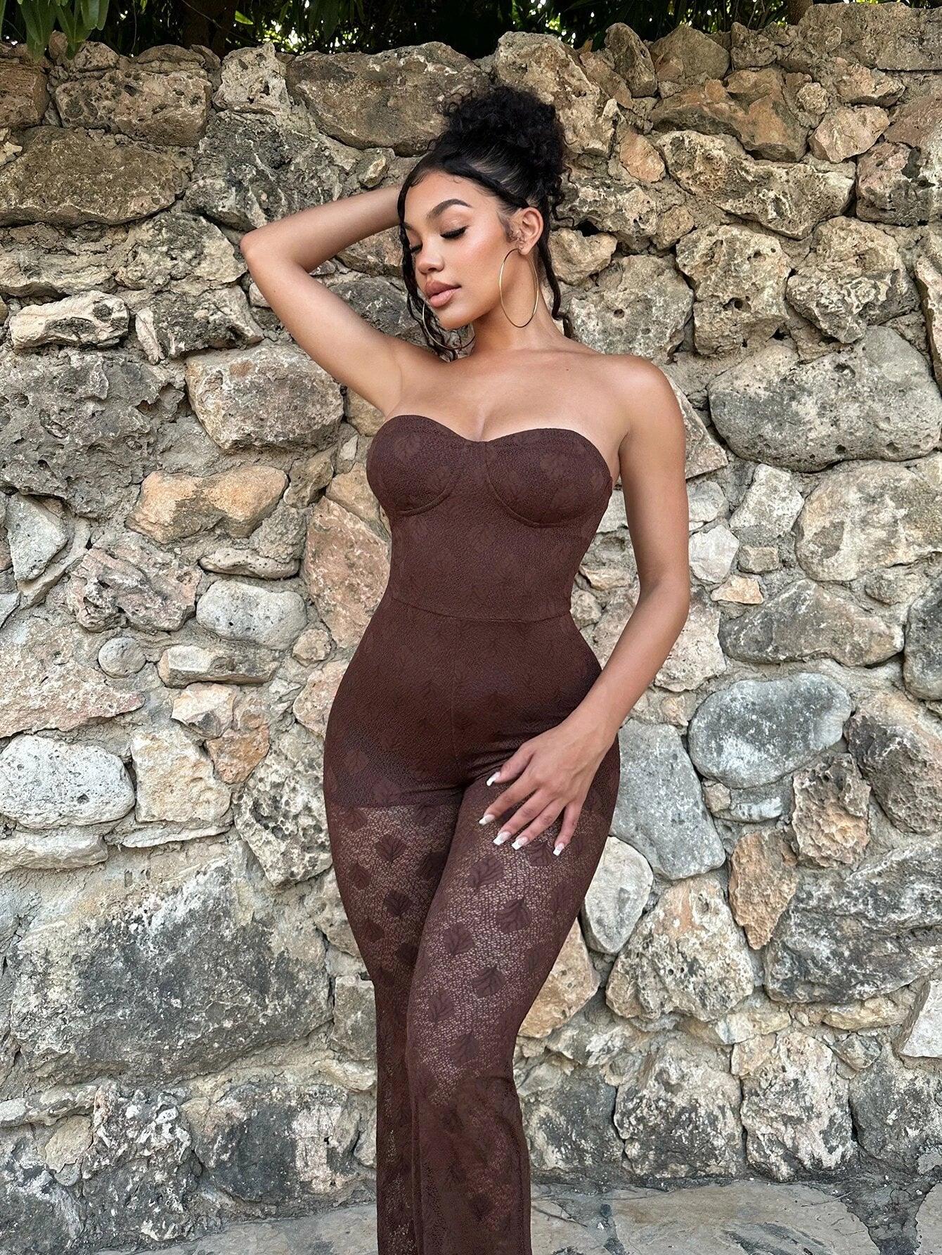 Leaf Printed Jacquard Jumpsuit-Comfy Jumpsuits