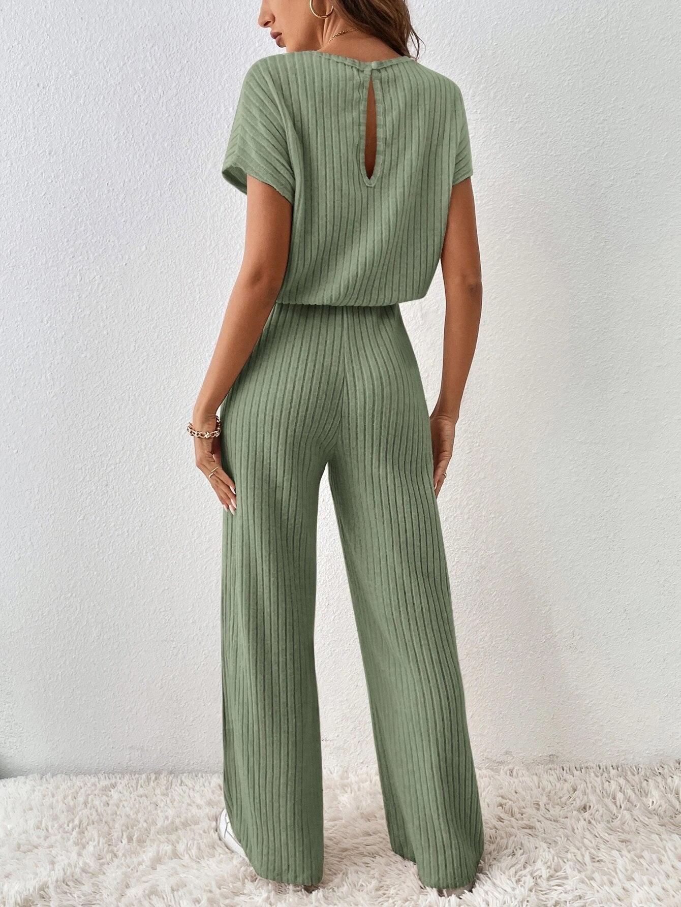 Ribbed Knit Back Jumpsuit-Comfy Jumpsuits