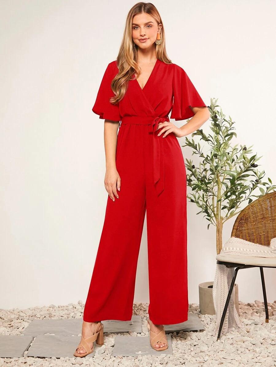Butterfly Sleeve V Neck Wide Leg Jumpsuit-Comfy Jumpsuits