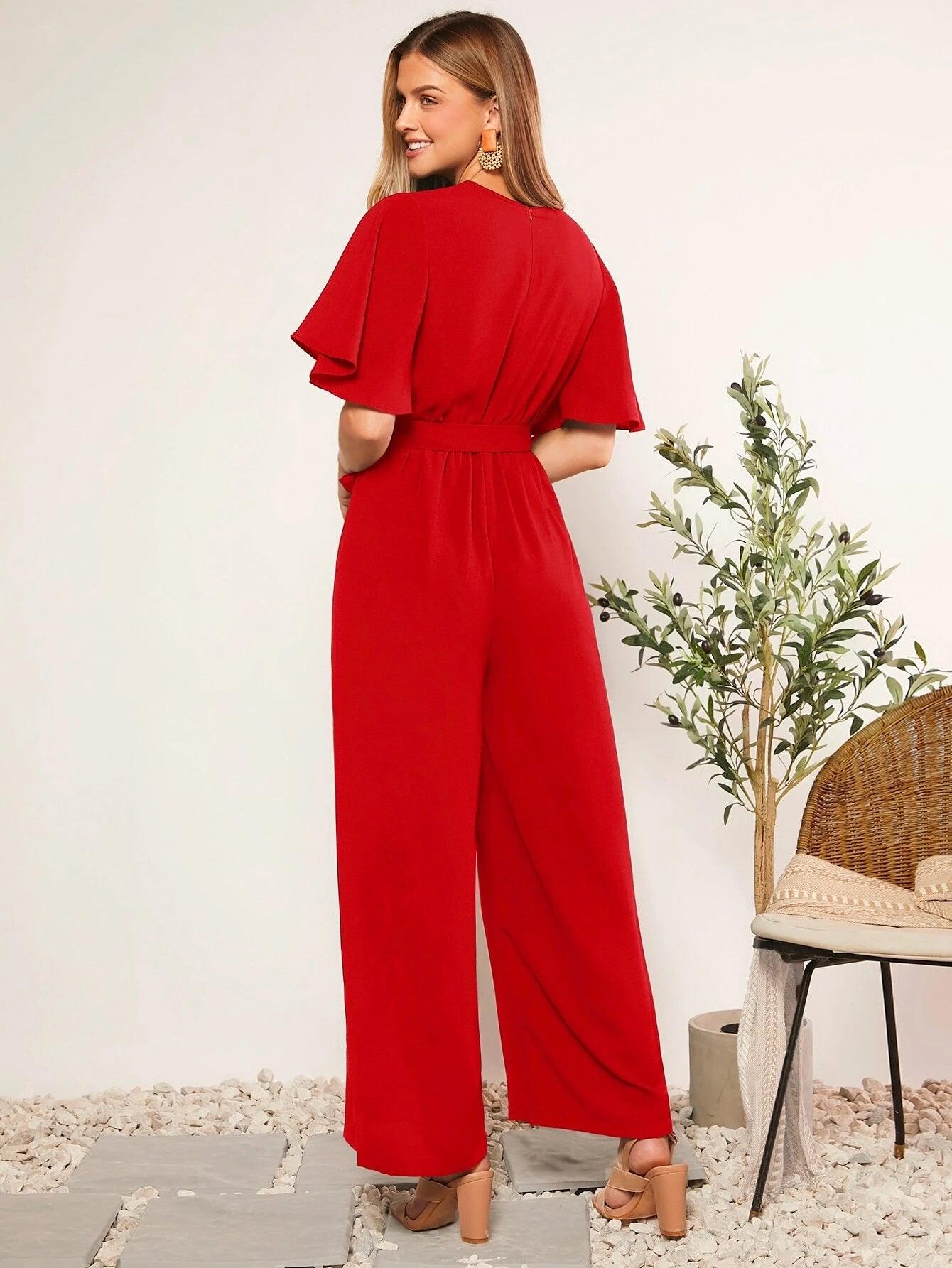 Butterfly Sleeve V Neck Wide Leg Jumpsuit-Comfy Jumpsuits