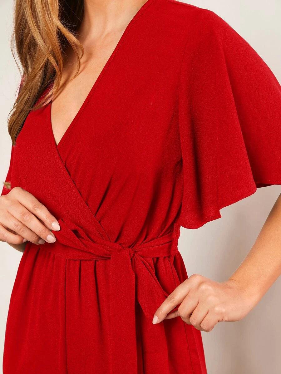 Butterfly Sleeve V Neck Wide Leg Jumpsuit-Comfy Jumpsuits