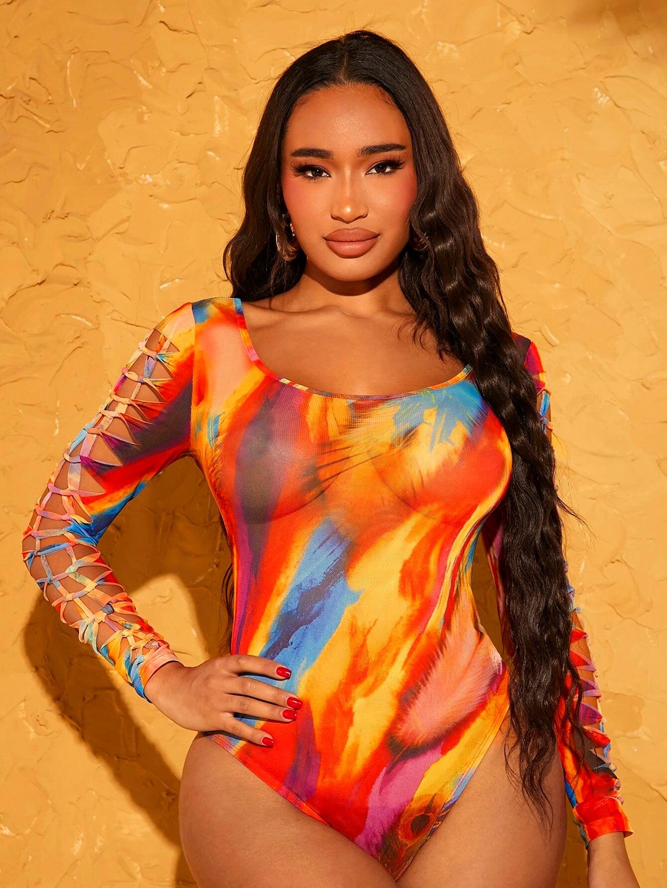 Tie Dye Scoop Neck Bodysuit-Comfy Jumpsuits