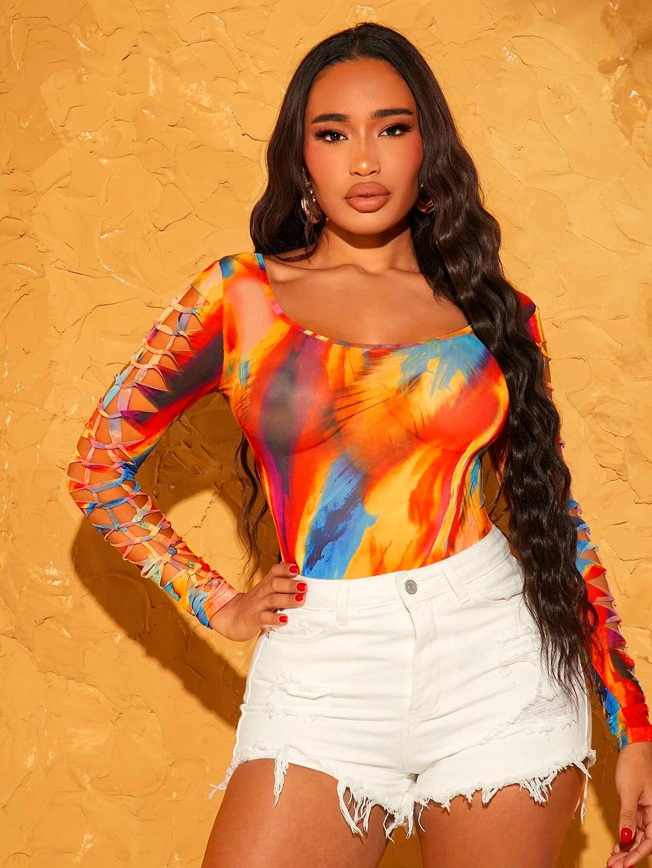 Tie Dye Scoop Neck Bodysuit-Comfy Jumpsuits