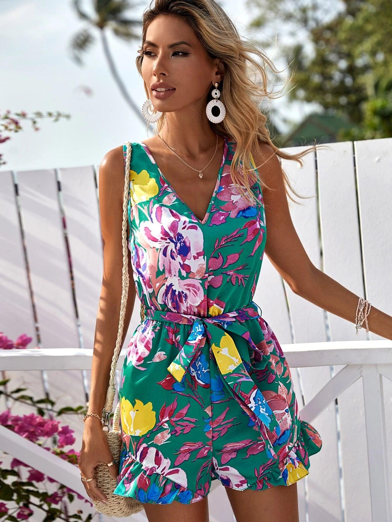 Floral Print Ruffle Hem Belted Romper-Comfy Jumpsuits