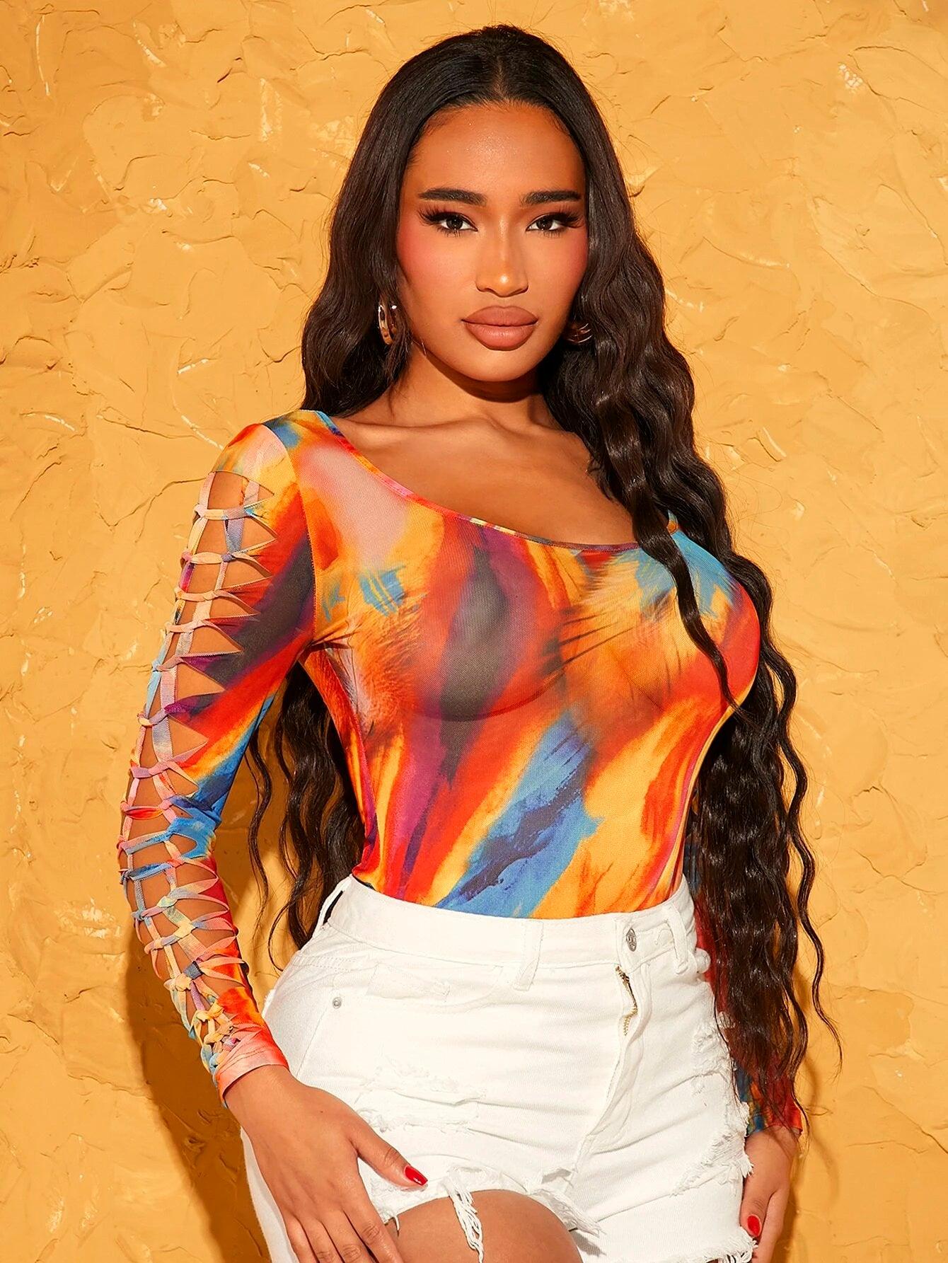 Tie Dye Scoop Neck Bodysuit-Comfy Jumpsuits