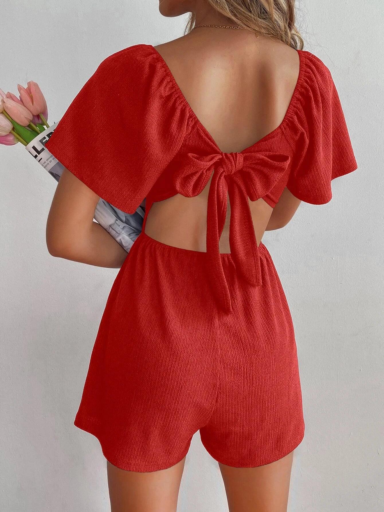 Solid Colored Knot Back Romper-Comfy Jumpsuits