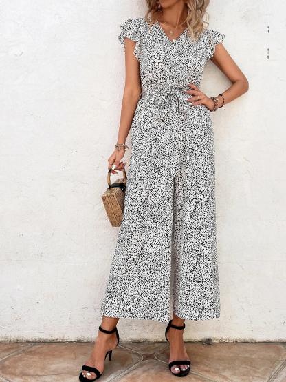 Dalmatian Print Ruffle Trim Belted Jumpsuit-Comfy Jumpsuits
