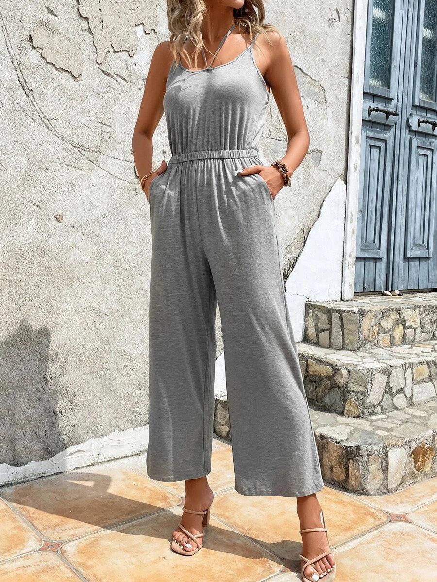 Solid Slant Pocket Wide Leg Jumpsuit-Comfy Jumpsuits