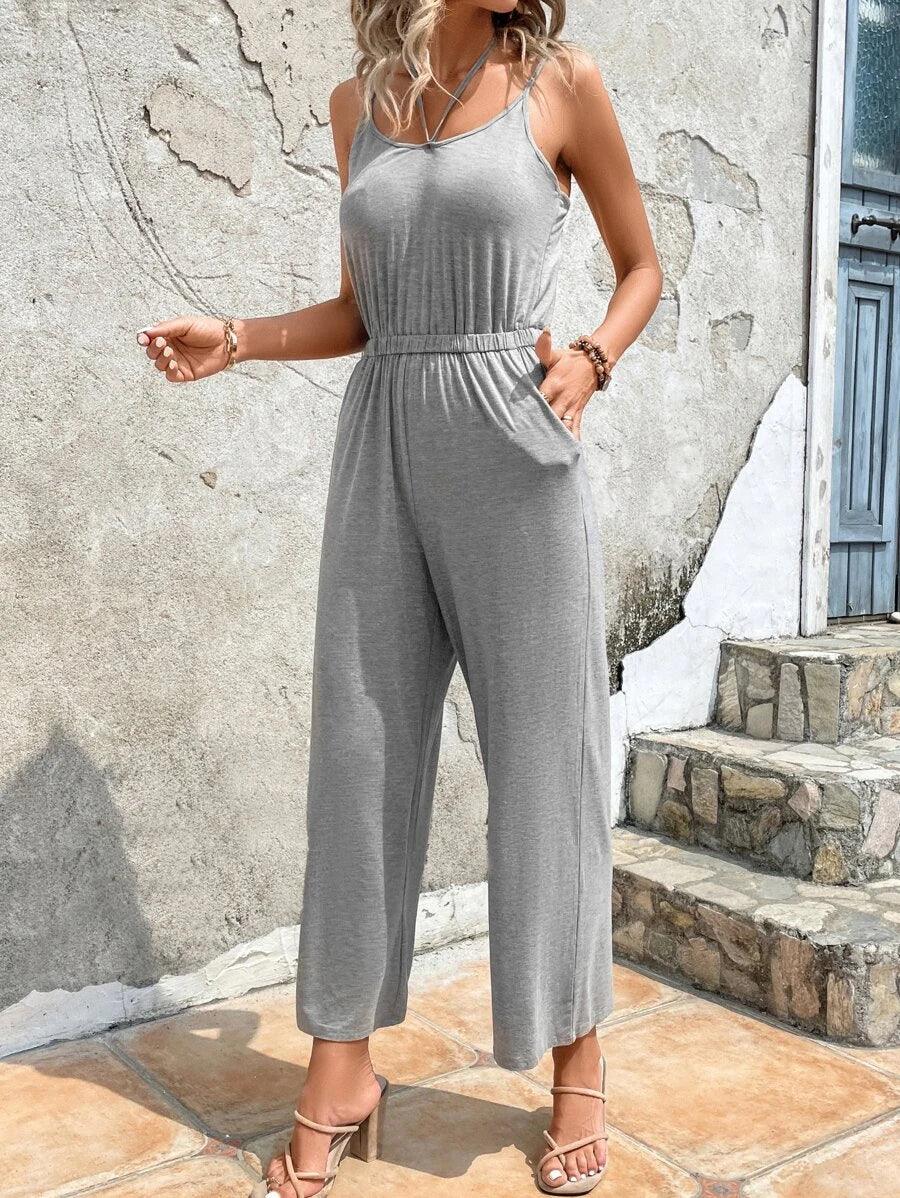 Solid Slant Pocket Wide Leg Jumpsuit-Comfy Jumpsuits