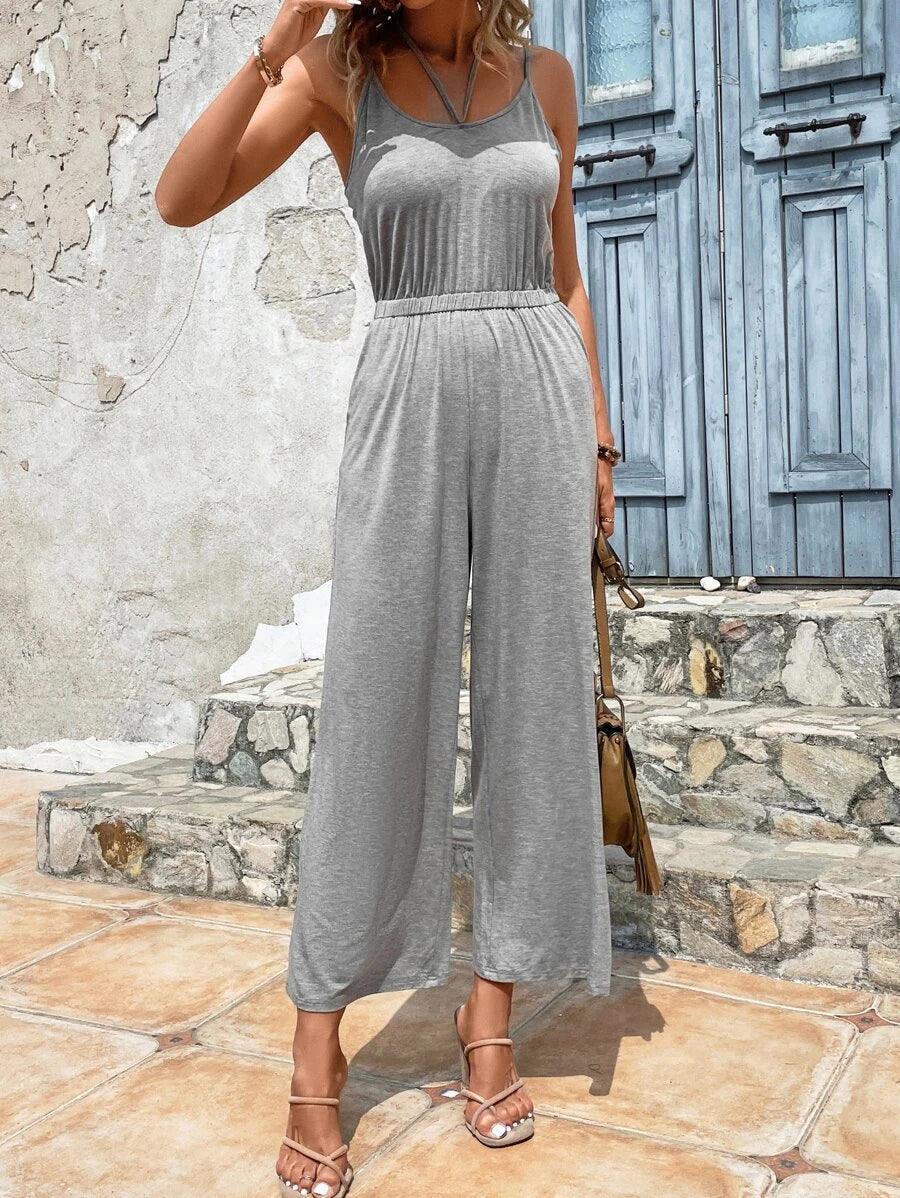 Solid Slant Pocket Wide Leg Jumpsuit-Comfy Jumpsuits