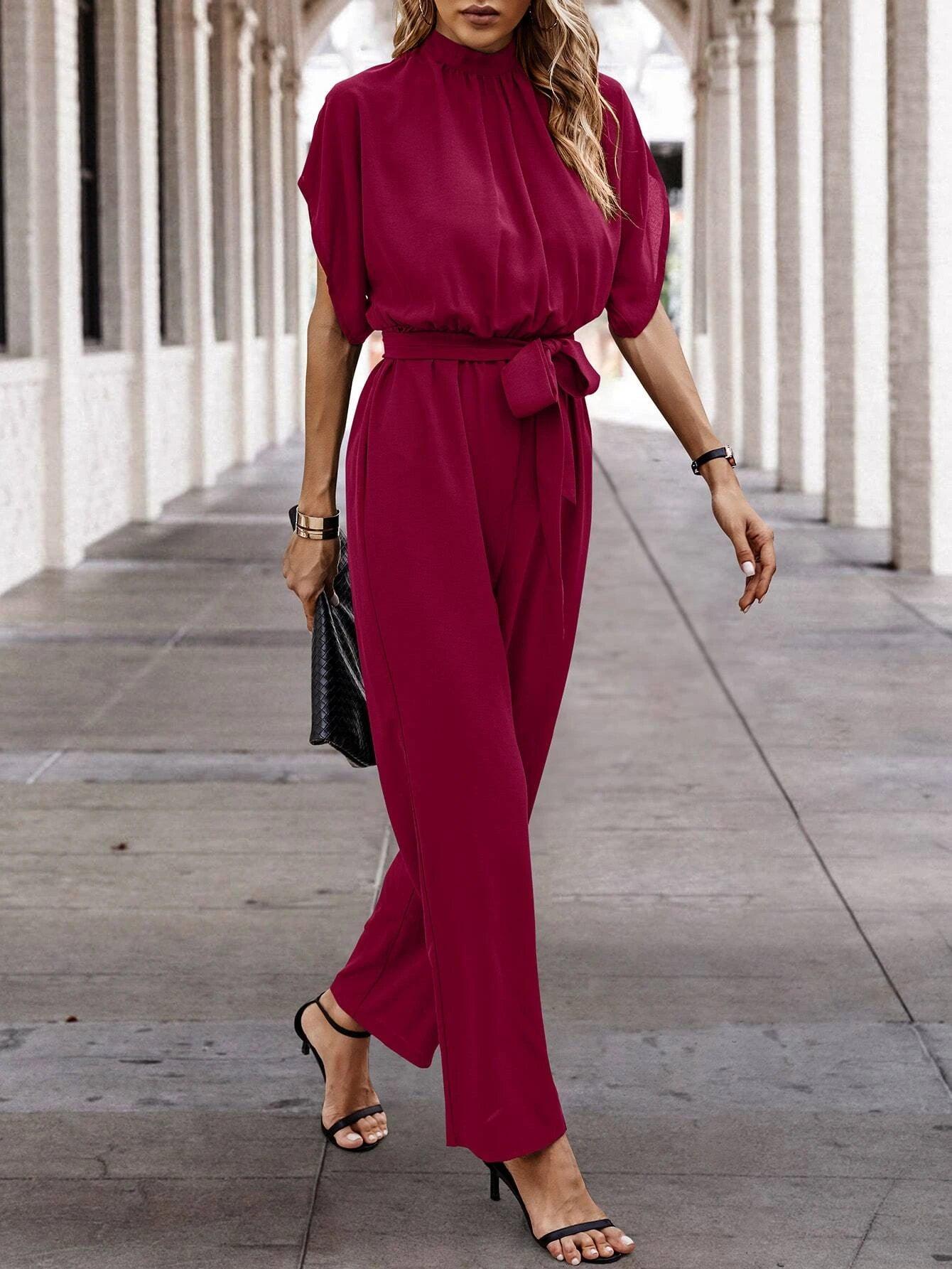 Neck Batwing Sleeve Belted Jumpsuit-Comfy Jumpsuits