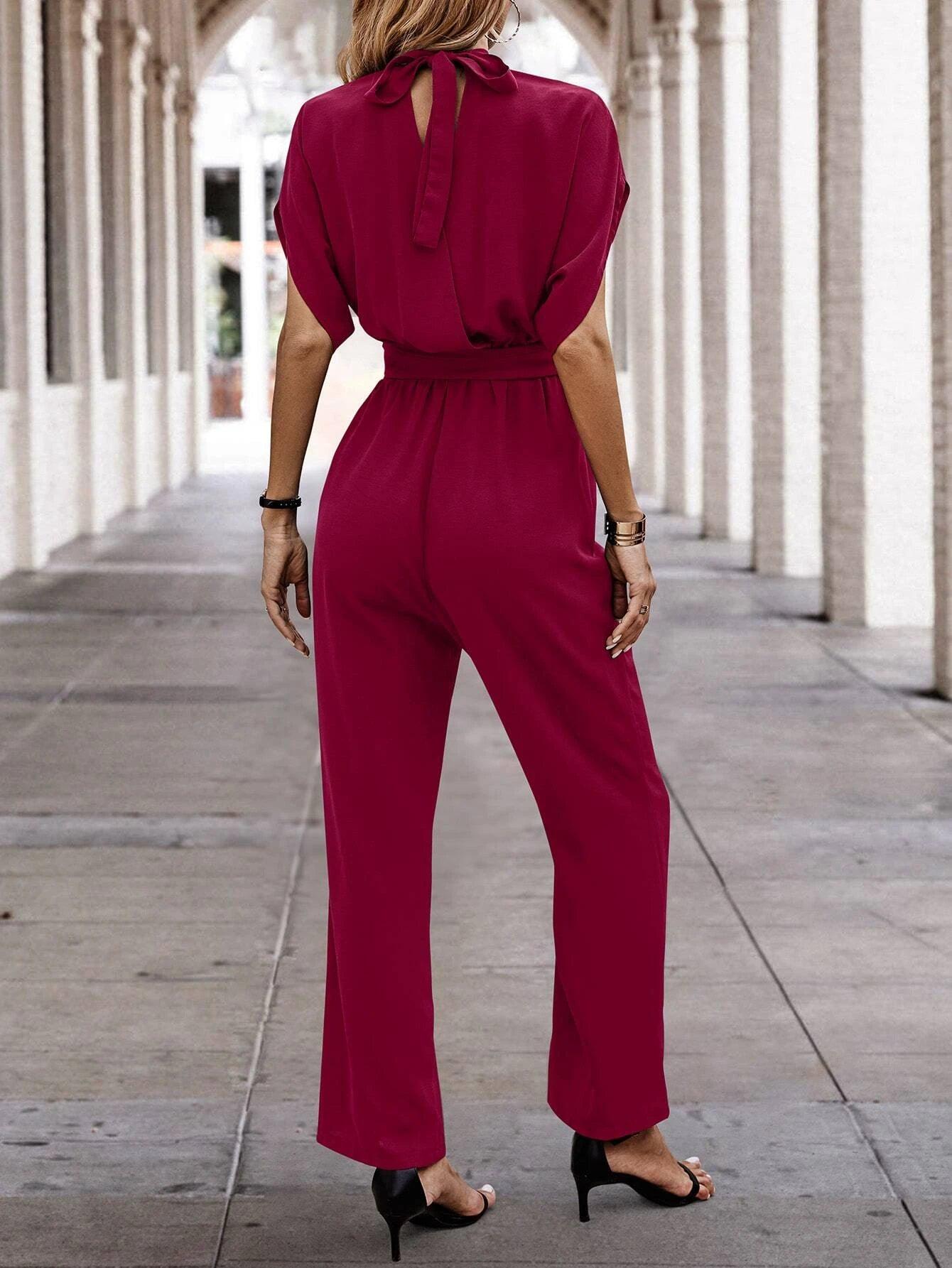 Neck Batwing Sleeve Belted Jumpsuit-Comfy Jumpsuits