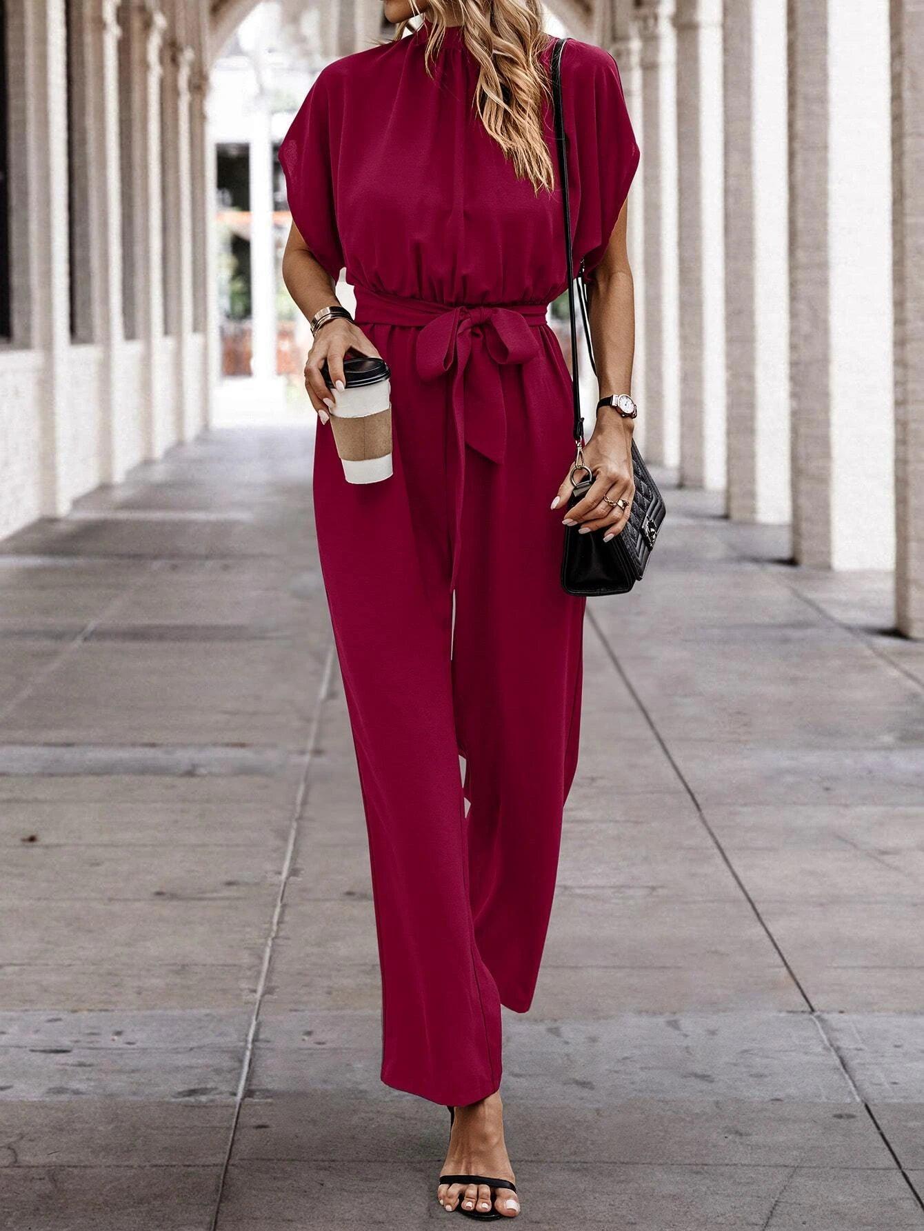 Neck Batwing Sleeve Belted Jumpsuit-Comfy Jumpsuits