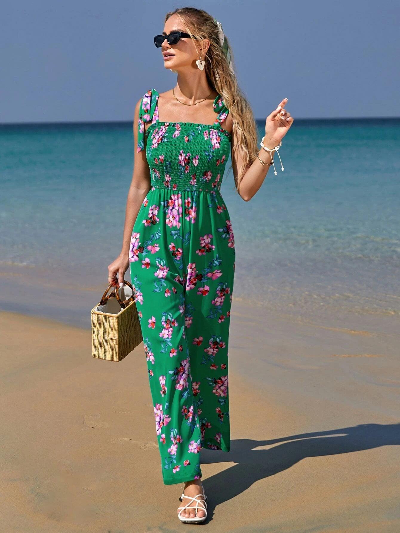 Floral Print Boho Style Cami Jumpsuit-Comfy Jumpsuits