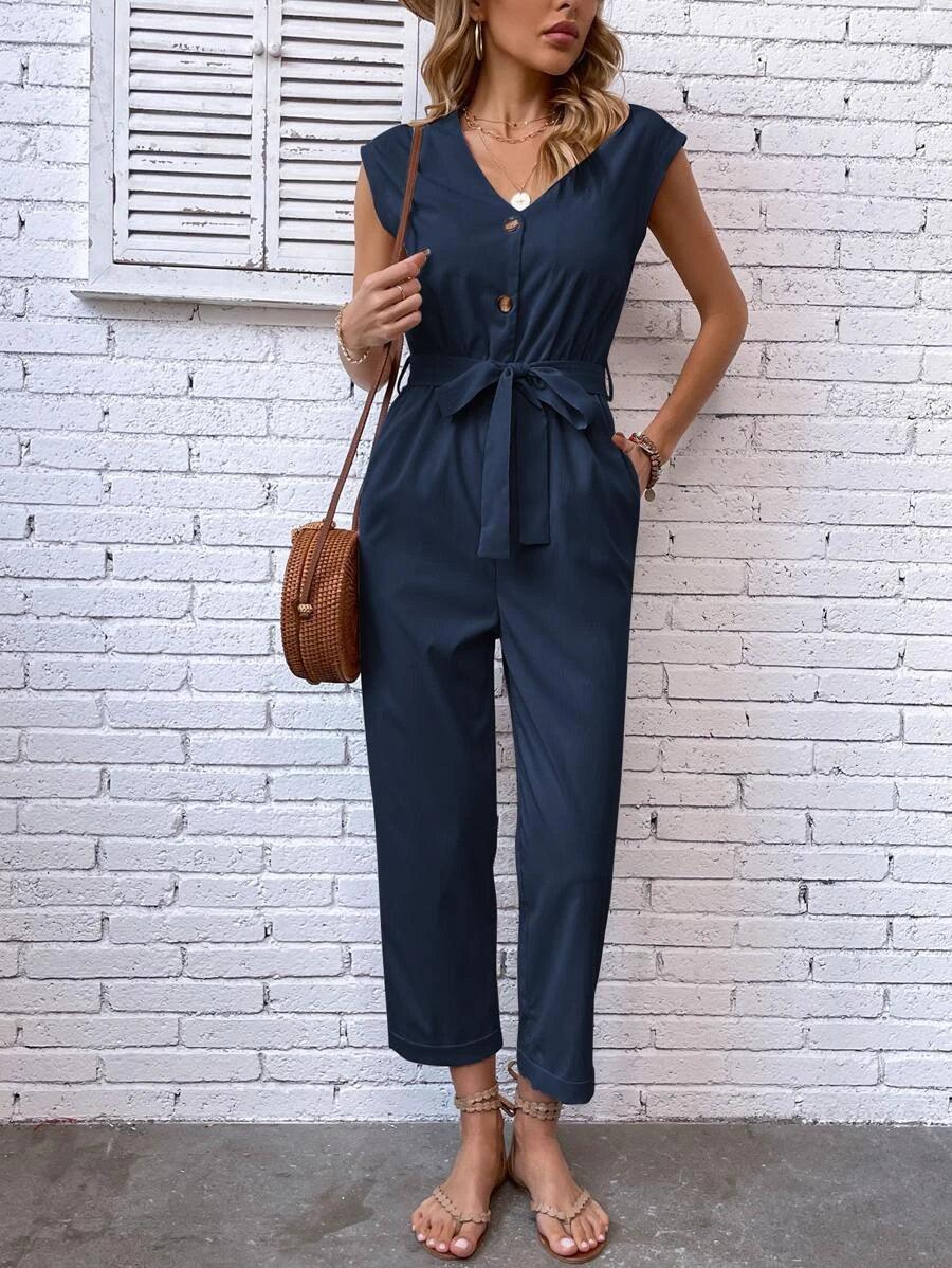 Casual Button Front Belted Jumpsuit-Comfy Jumpsuits