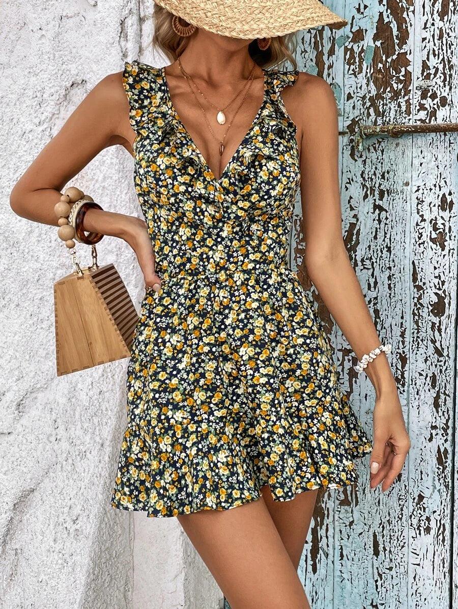 Floral Print Plunging Neck Ruffle Detail Crisscross Backless Romper-Comfy Jumpsuits