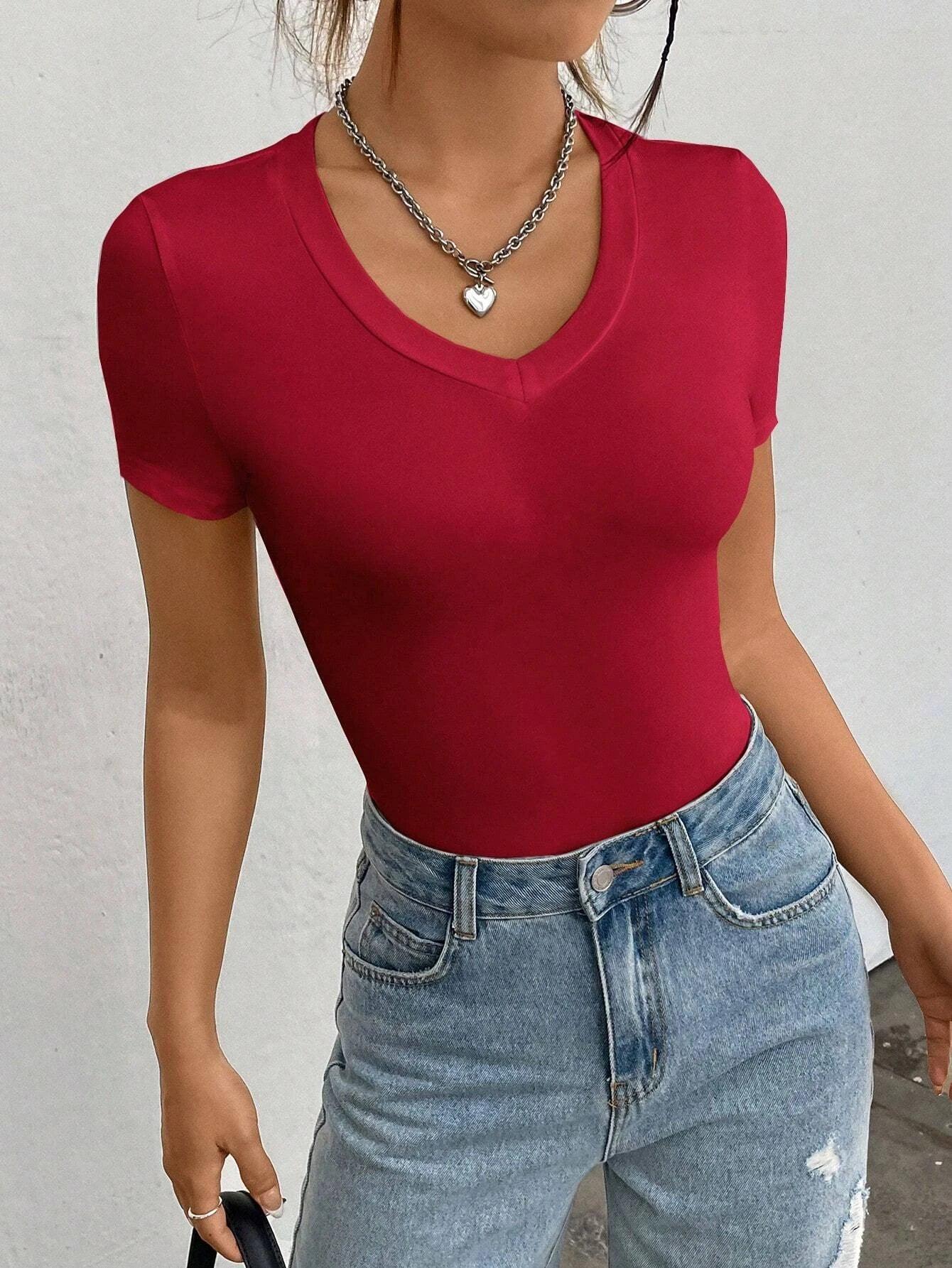 Solid Coloured V Neck Bodysuit-Comfy Jumpsuits