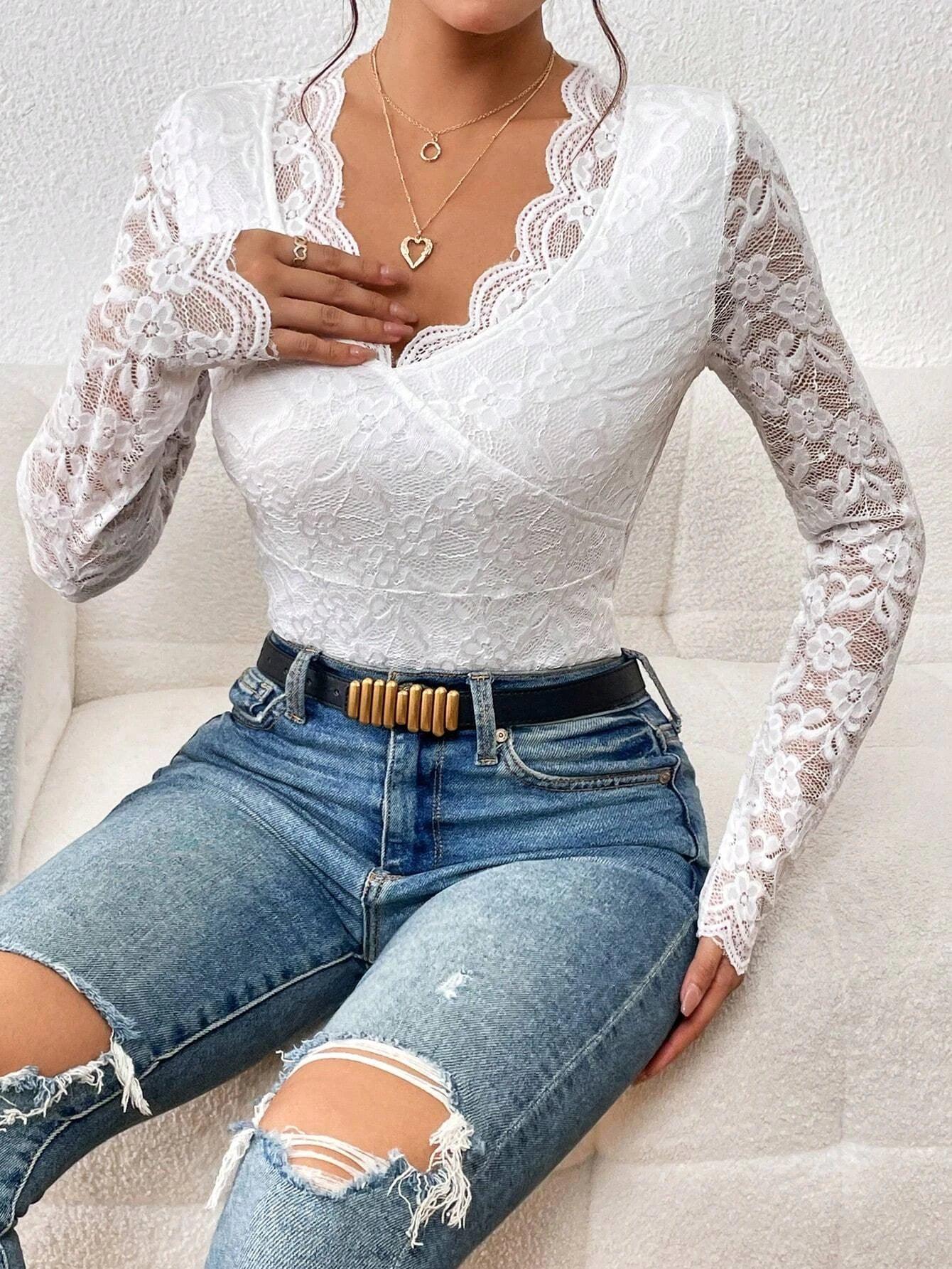 Lace Scallop Lace Bodysuit-Comfy Jumpsuits