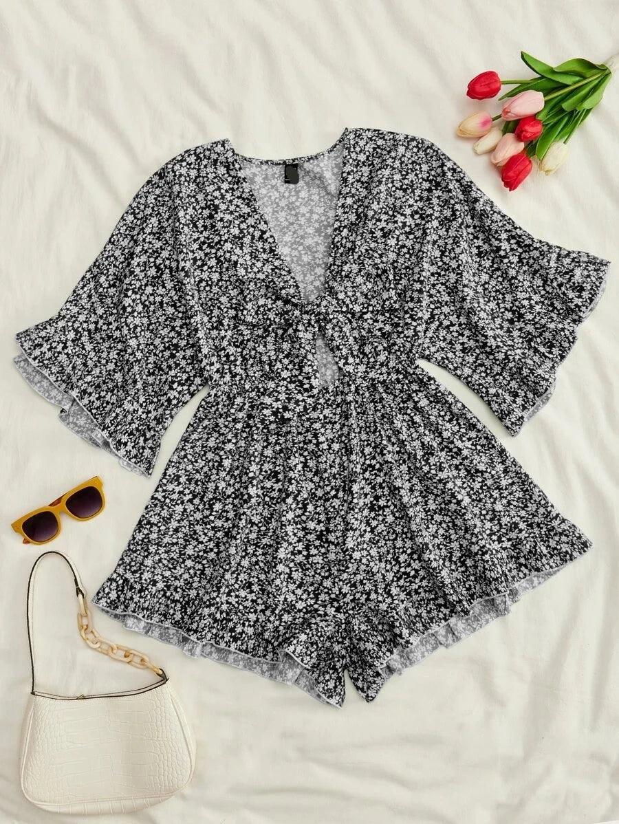 Floral Print Knot Front Ruffle Hem Romper-Comfy Jumpsuits