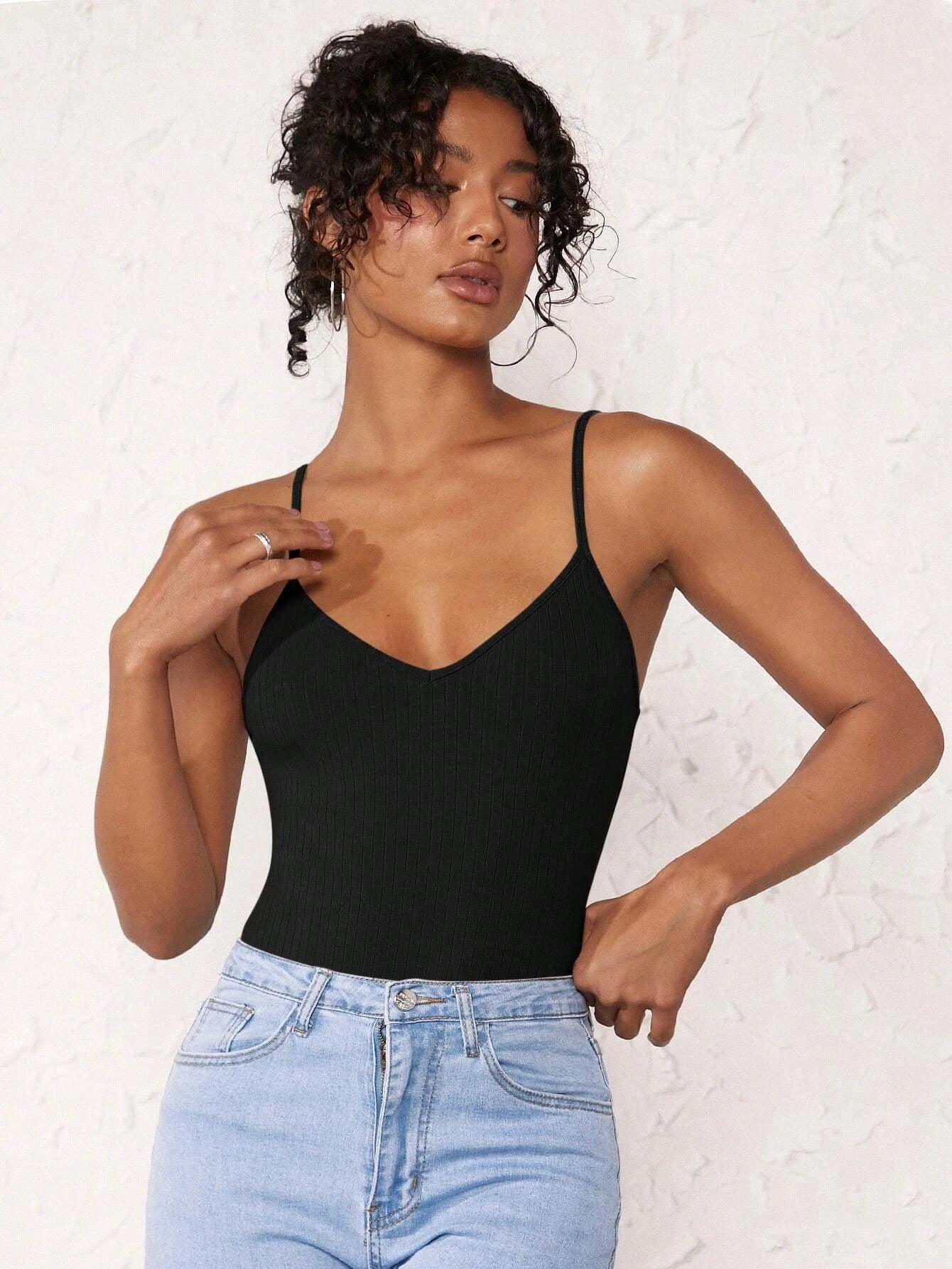 Cotton Solid Colored Cami Bodysuit-Comfy Jumpsuits