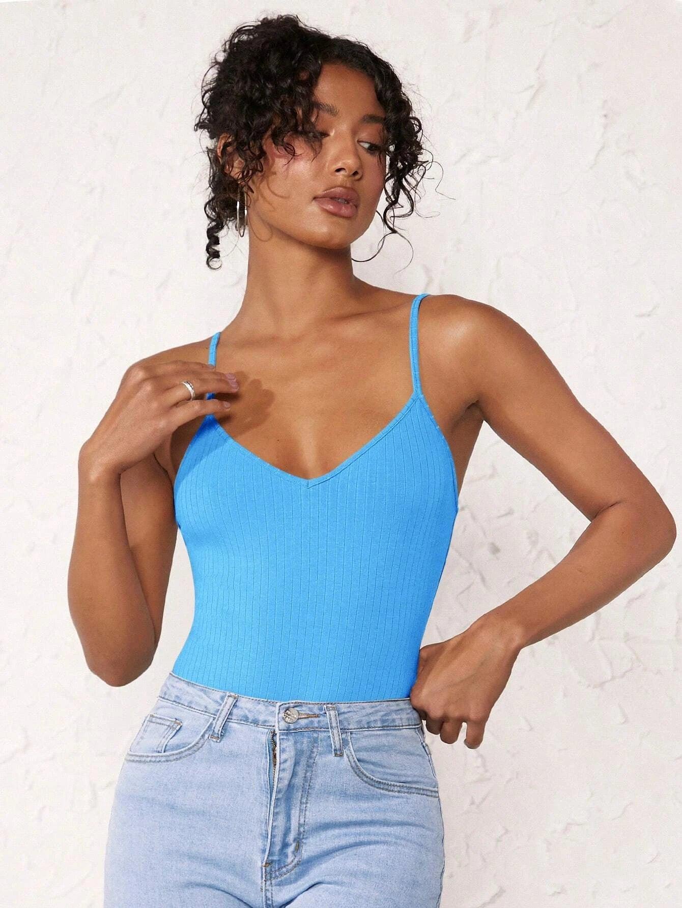 Cotton Solid Colored Cami Bodysuit-Comfy Jumpsuits