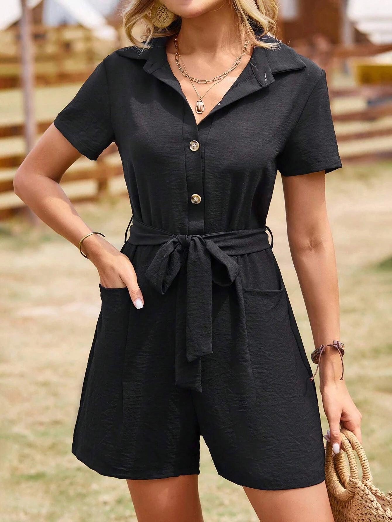 Solid Button Front Dual Pocket Belted Shirt-Comfy Jumpsuits