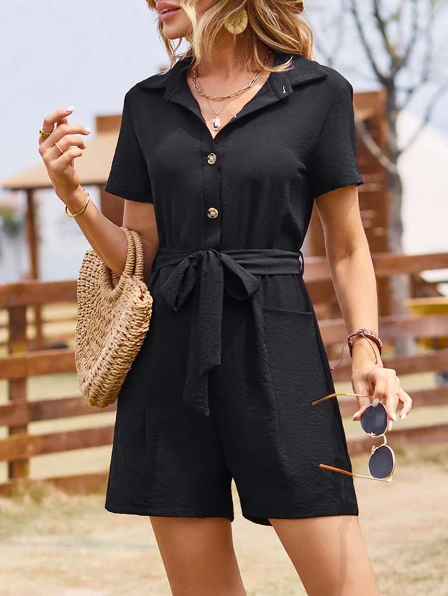 Solid Front Button Belted Shirt Romper-Comfy Jumpsuits